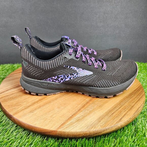 Brooks Revel 5 Shoes Womens 7.5 Black Purple Cheetah Print Sneakers 1203611B087 - Picture 1 of 15